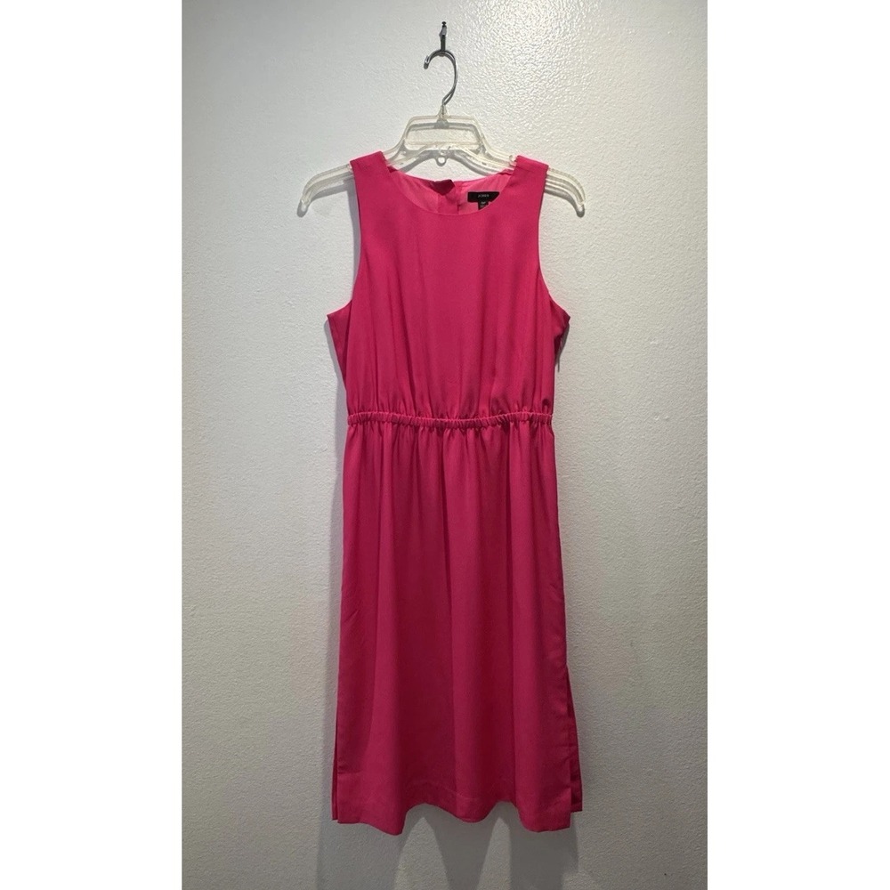 J Crew MIDI Dress Size 6P Petite Cinched Waist Cupro Bright Hot Pink Button Back